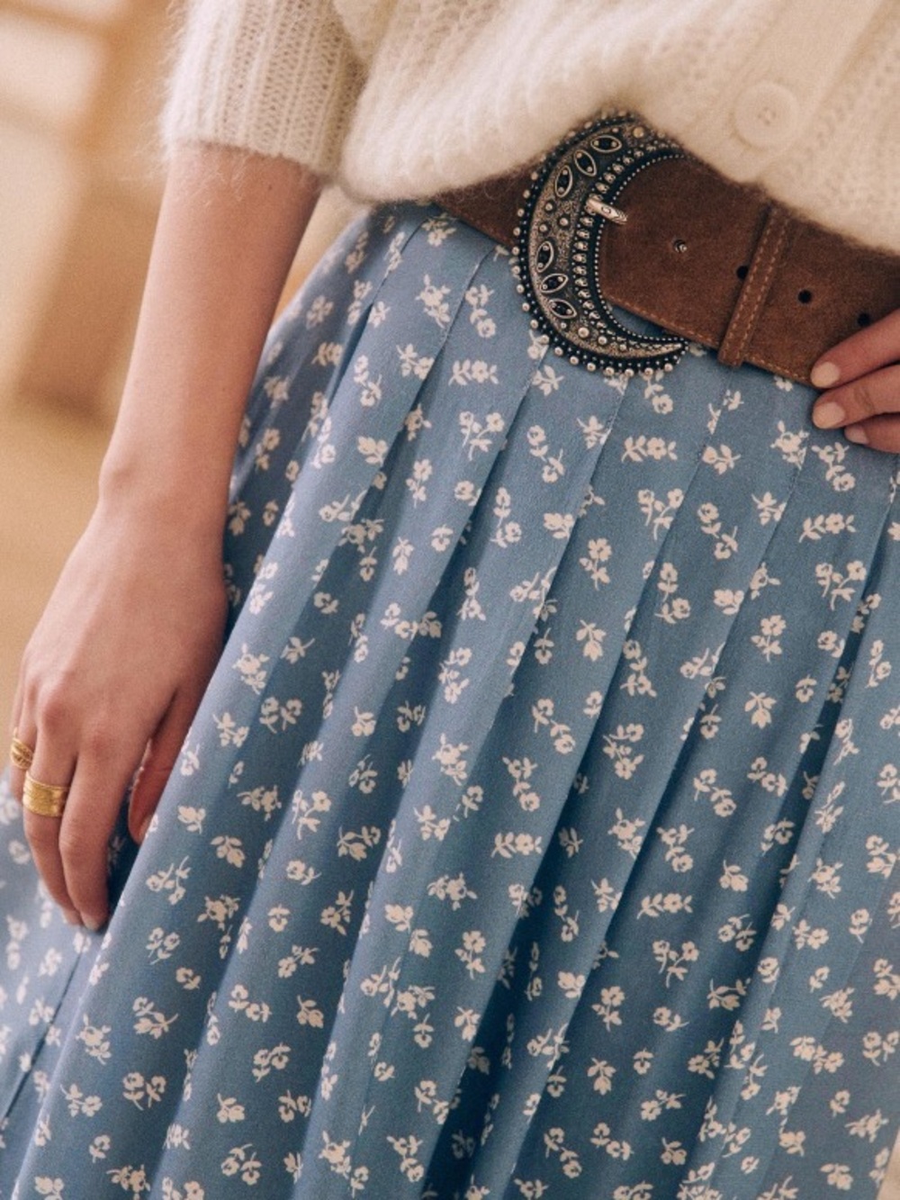 Sezane Blue Floral Pleated Midi Skirt - Picture 2 of 5